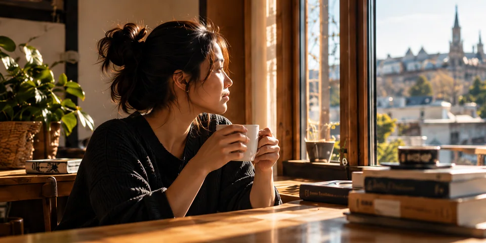 A quiet moment with a cup of coffee beside a sunlit café window